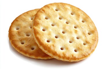 Two crackers stacked on a white background.