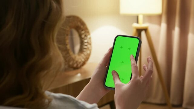 Woman use digital tech cell phone zoom in photo on green screen mock up. Hand press click phone web site middle center. Girl hold mobile. Chroma key page. Cozy home background. Online app copy space.