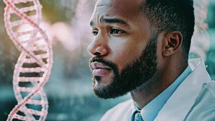Surgeon reflecting on genetics with DNA strands in background during quiet moment, dna strands over biracial male surgeon - Powered by Adobe