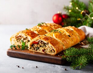 Festive christmas breakfast table with assorted pastries and delicious seasonal treats