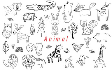 cute kawaii animal abstract hand drawn element set