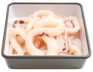 Marinated squid rings in iron steel container isolated on white background. Suitable for marketing or business purposes. PNG file