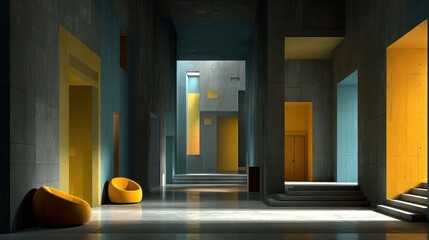 Abstract interior hallway design with vibrant accent colors.