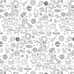 Space universe research astronaut doodle seamless pattern