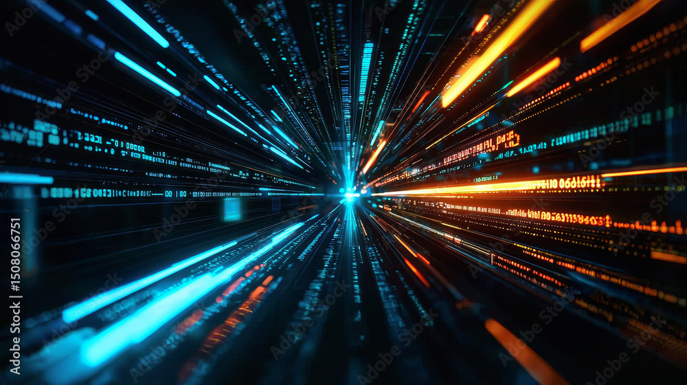 Poster dynamic digital data stream with glowing lines and patterns.