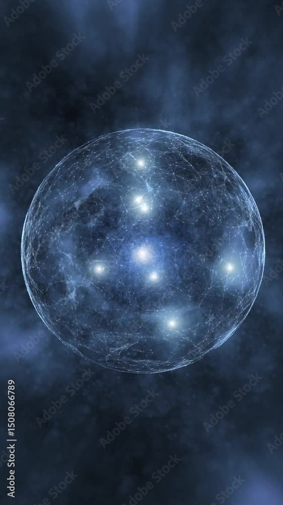 Wall mural 3d sphere and abstract flying in the universe with light and clouds vertical nimation.