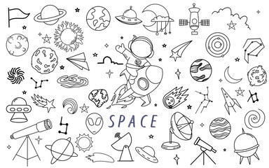 Space universe research astronaut doodle set star vector set