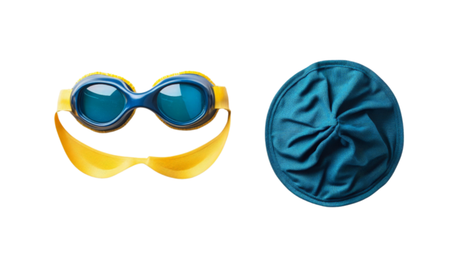 A pair of swimming goggles and a swim cap, representing swimming as a workout, Transparent background, PNG file