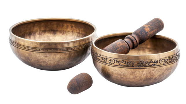 A pair of Tibetan singing bowls for sound healing, Transparent background, PNG file