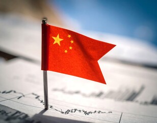 Small Chinese flag on financial charts; shallow depth of field, sunny backdrop