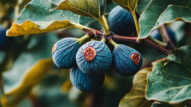 Closeup view of ripe figs growing on tree branch surrounded by lush green leaves, Closeup of ripe figs growing on tree branch