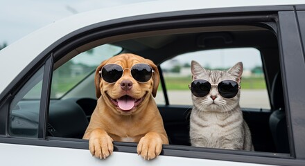 Dog and Cat Wear Sunglasses Leaning Out Car Window During Roadtrip with White Background in Bright Daylight Perfect for Pet Travel and Fun