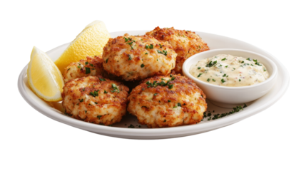 A plate of crab cakes with lemon wedges and tartar sauce, Transparent background, PNG file