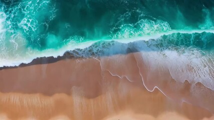 Waves crashing on a sandy beach showcasing turquoise ocean colors in a stunning aerial view, Aerial shot of turquoise ocean waves crashing onto sandy shore - Powered by Adobe