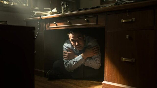 Man cowering under desk in dimly lit room with sunlight beam  