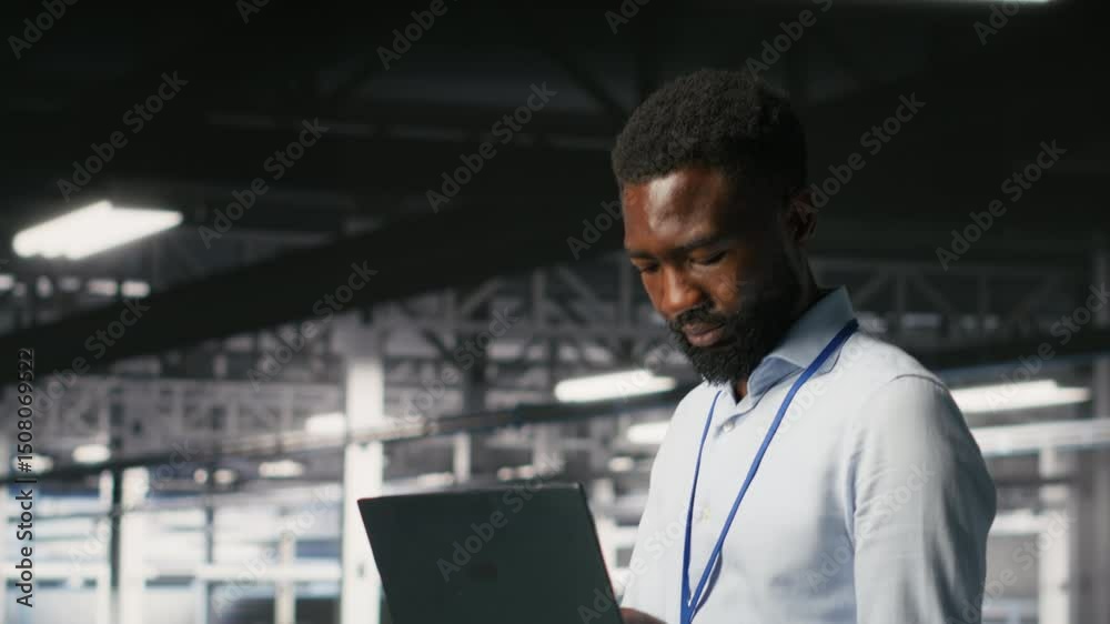 Poster smiling technician and colleague in data center reviewing large language model visualizations on pc.