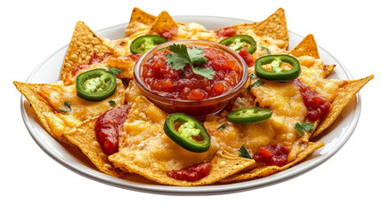 A plate of nachos with melted cheese and salsa, Transparent background, PNG file