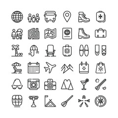 Travel and Tourism Line Icons Set – Vacation, Adventure, Transportation and Holiday Symbols