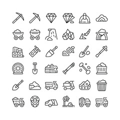 Mining and Excavation Line Icons Set – Tools, Trucks, Diamonds, Helmets, and Heavy Equipment Symbols