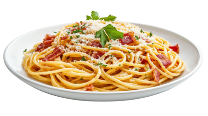 A plate of spaghetti carbonara with bacon and parmesan, Transparent background, PNG file
