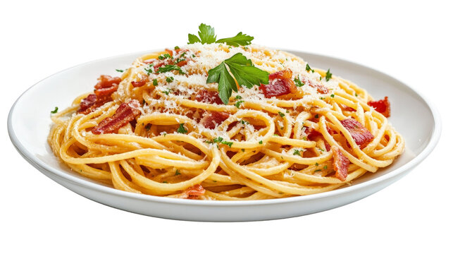 A plate of spaghetti carbonara with bacon and parmesan, Transparent background, PNG file - Powered by Adobe