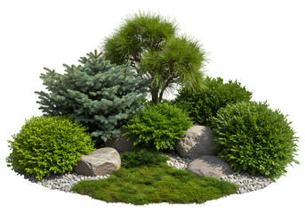Decorative evergreens and low shrubs growing among scattered rocks, creating a vibrant, textured garden scene, isolated on white or transparent background. PNG