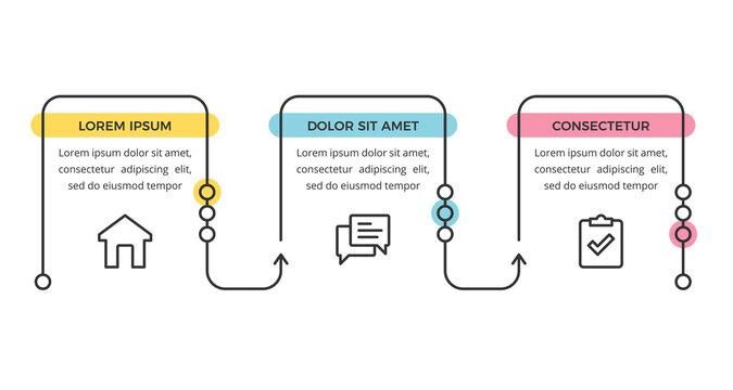 Minimal flat linear infographic template with three connected steps for process visualization, vector eps10 illustration
