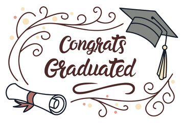 Class of 2025 Graduation Greeting Sign with Cap and Diploma   Handwritten Brush Lettering Vector

