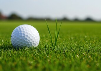 Obraz premium Golf ball resting on green grass of a golf course in summer