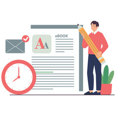Content Marketing Illustration. Vector illustration of A man writing an ebook while holding a large pencil with a deadline clock beside him. Isolated on background
