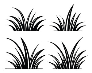 Four Clumps of Grass in Black Silhouette on White Background