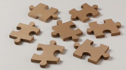 Fototapeta premium Brown cardboard puzzle pieces scattered on a white surface, ideal for educational or creative use