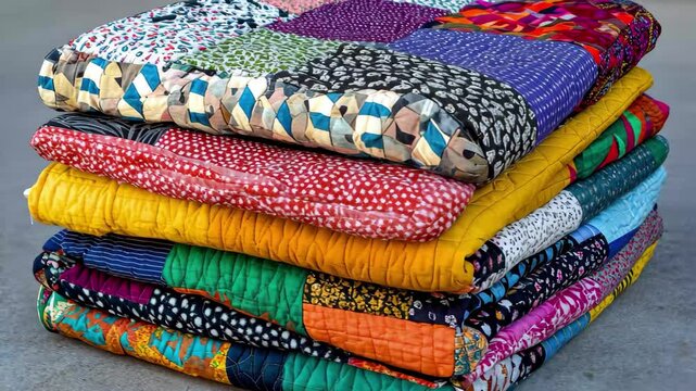 Colorful quilt folded neatly showcasing various vibrant patterns in a bright arrangement, Colorful quilt with various patterns folded neatly on flat surface