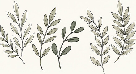 Elegant Greenery Illustration Set of Five Hand Drawn Botanical Branches with Olive Green Leaves