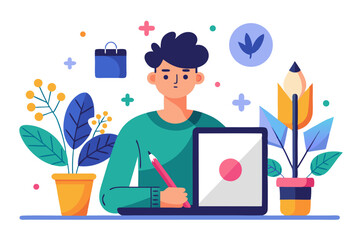 Vector illustration of a freelance illustrator drawing on a tablet surrounded by colorful art tools