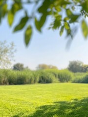 Fototapeta premium Serene Green Grass Lawn with Blurred Background of Lush Greenery and Blue Sky