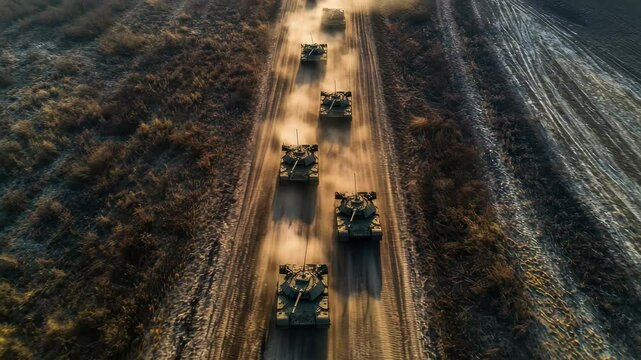 Convoy of military armored tanks moving along a dusty rural road during early morning hours, An aerial view over a convoy of military armored tanks moving towards the front line of the war