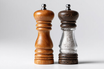 A pepper mill and a salt shaker on white background