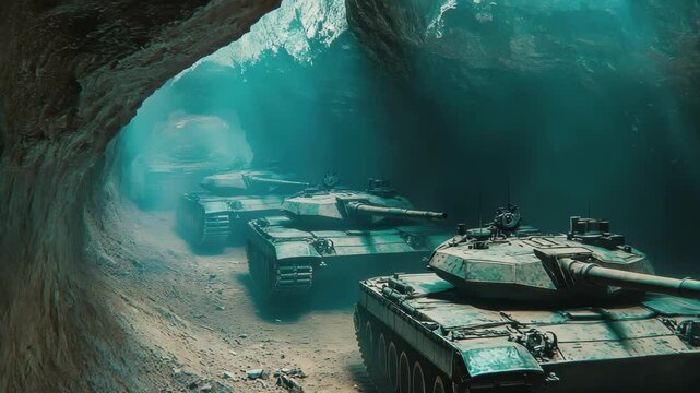Military armored tanks positioned inside rocky cave for strategic concealment during training exercises, A platoon of military armored tanks hiding inside a cave to avoid detection during war and
