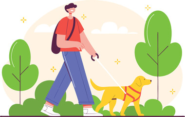A young man walking his dog in the park during a sunny spring day