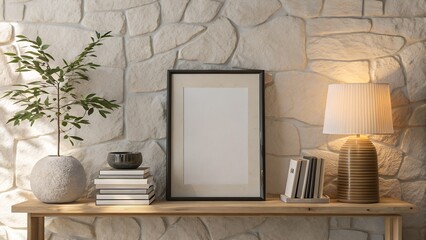 "Panoramic modern shelf mockup with empty frame, books, ceramic lamp, stone textures and small leafy plant — Japandi style"
