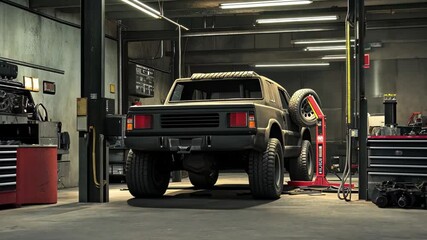 Vehicle receiving tire installation in a garage, A virtual scene showing a vehicle getting its tires replaced in a maintenance garage
