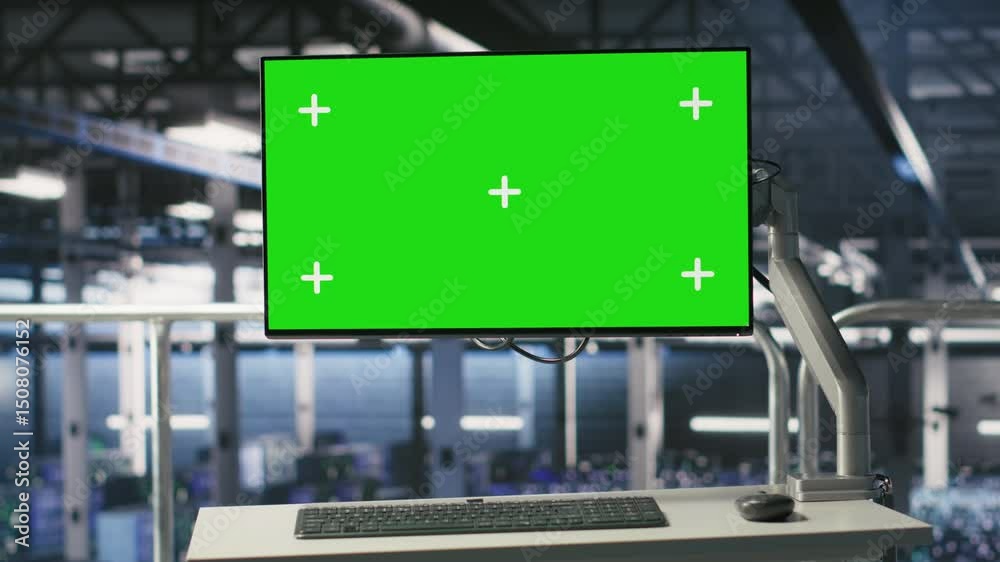 Poster mockup computer in high tech industrial data center used for ai system monitoring and performance tr