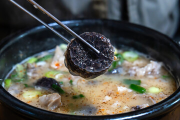 close-up of sundae on the traditional Korean sausage soup with rice