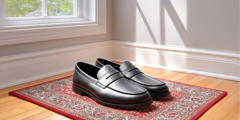 A pair of loafers photographed on a vintage rug with natural light