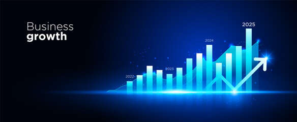 Business growth with up arrow and business analysis graph on dark blue technology background