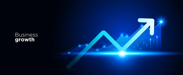 Marketing strategy analysis graph and business growth arrows on dark blue technology background with futuristic light effect for presentation