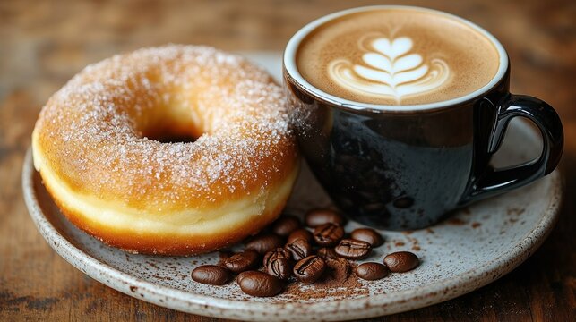 Sugar - coated donut paired with latte art, placed on a vintage speckled plate, suitable for café promotion, food photography, breakfast advertising, leisure - time theme materials and other scenario
