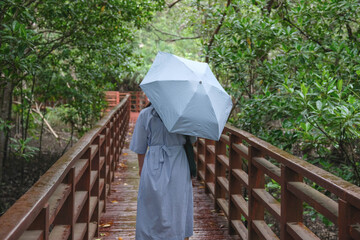 A woman walking on a bridge with an umbrella in a green environment. Mangrove Forest Learning Center Phra Chedi Klang Nam Rayong Thailand