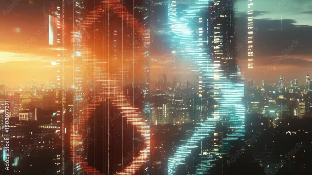 Leinwandbilder Exploring the synergy of DNA technology and urban architecture in a vibrant cityscape at dusk, dna strand and data processing over cityscape